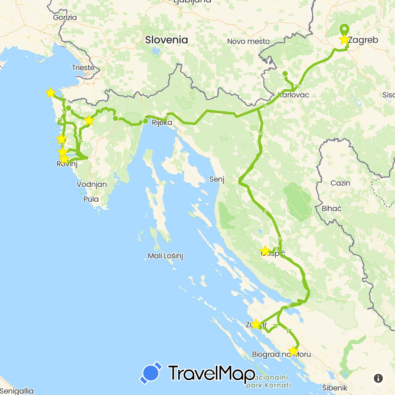 TravelMap itinerary: driving, electric vehicle in Croatia (Europe)