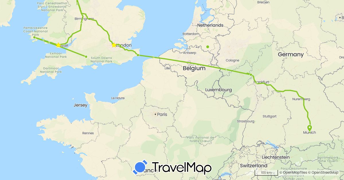 TravelMap itinerary: electric vehicle in Germany, United Kingdom, Netherlands (Europe)