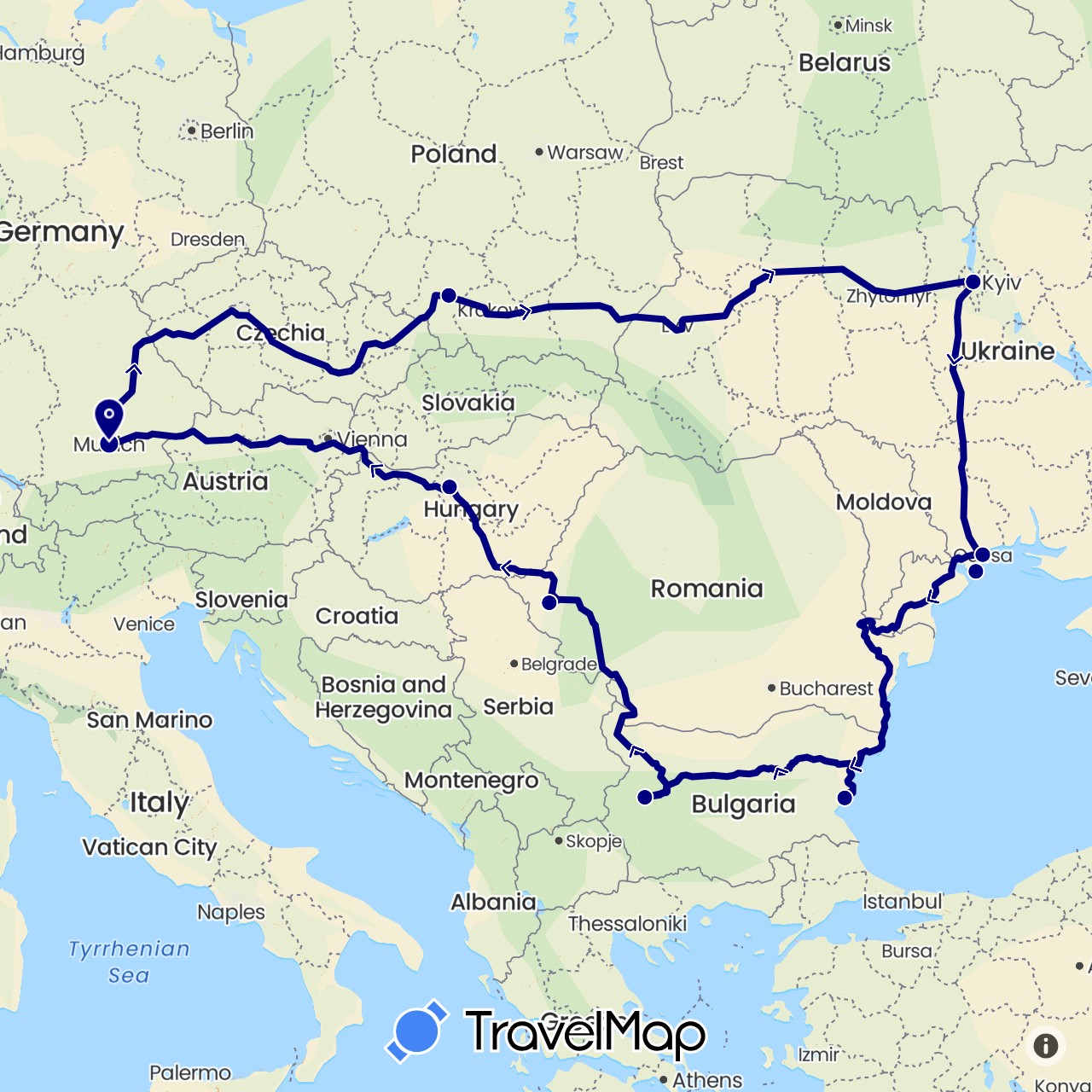 TravelMap itinerary: driving in Bulgaria, Germany, Hungary, Poland, Romania, Ukraine (Europe)