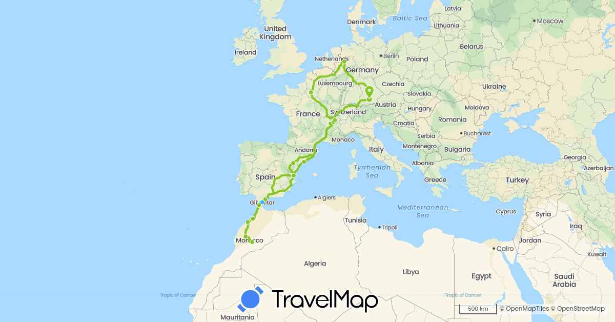 TravelMap itinerary: driving, boat, electric vehicle in Germany, Spain, France, Gibraltar, Morocco (Africa, Europe)