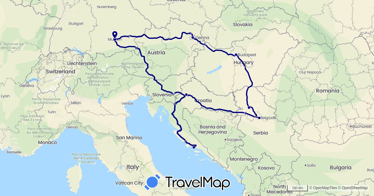 TravelMap itinerary: driving in Austria, Germany, Croatia, Hungary, Serbia (Europe)