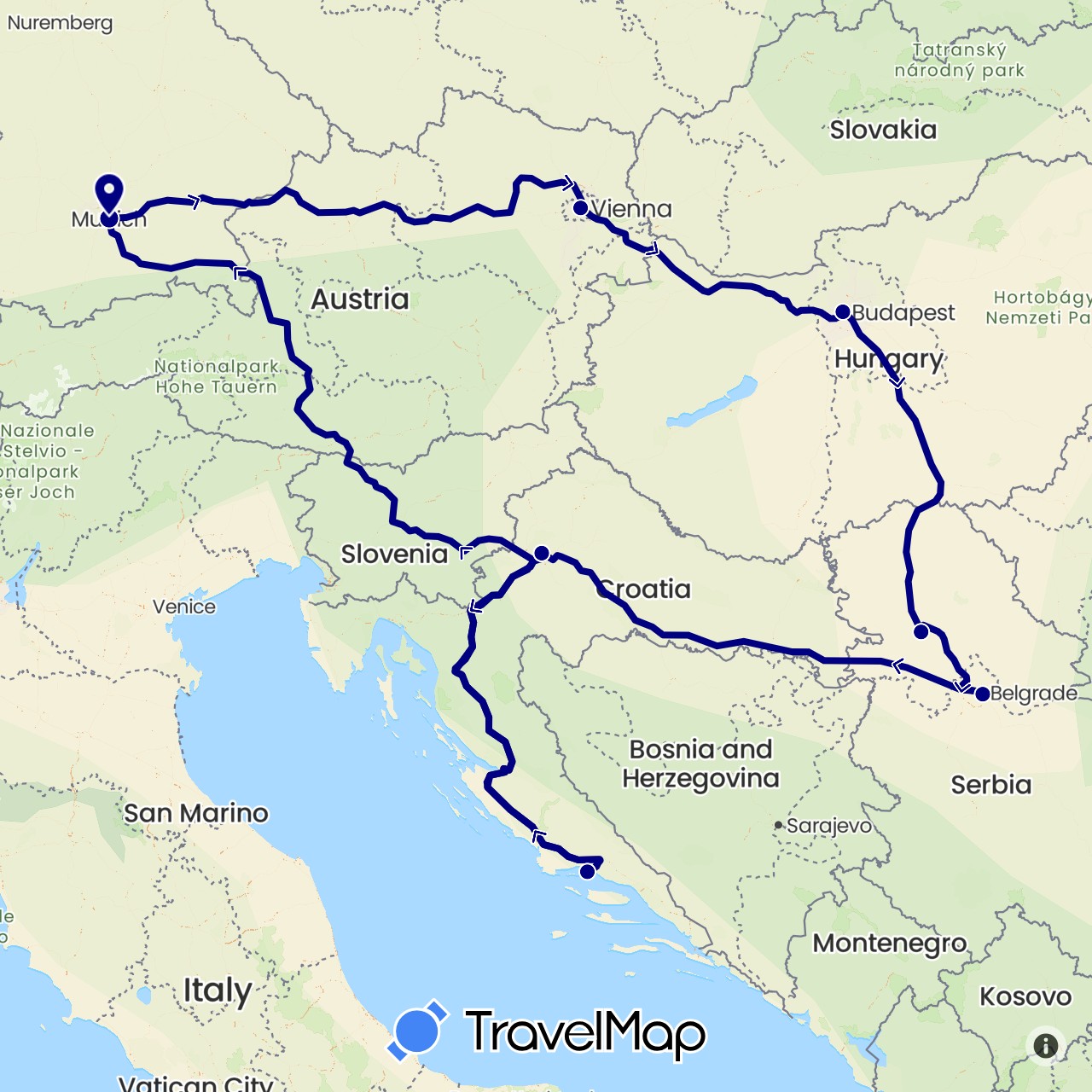 TravelMap itinerary: driving in Austria, Germany, Croatia, Hungary, Serbia (Europe)