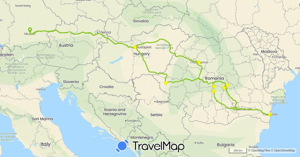 TravelMap itinerary: electric vehicle in Germany, Hungary, Romania (Europe)