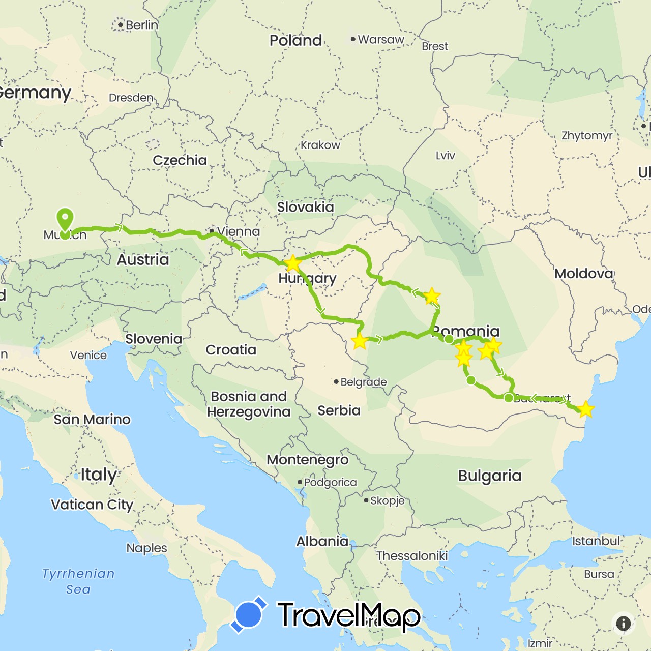 TravelMap itinerary: electric vehicle in Germany, Hungary, Romania (Europe)