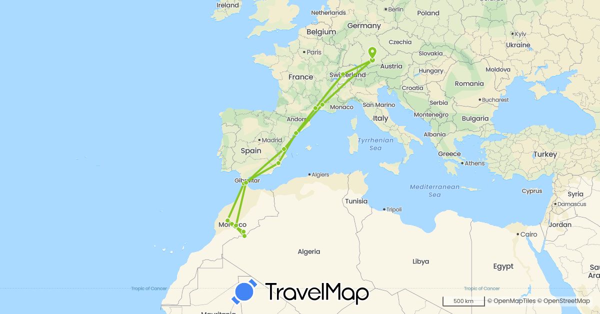 TravelMap itinerary: driving, electric vehicle in Switzerland, Germany, Spain, France, Morocco (Africa, Europe)