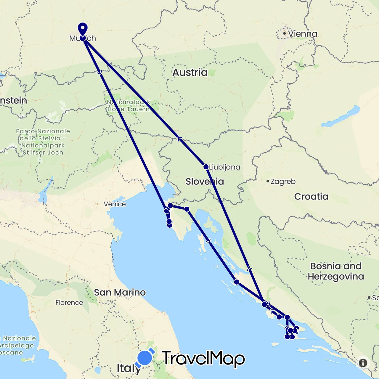 TravelMap itinerary: driving in Germany, Croatia, Slovenia (Europe)