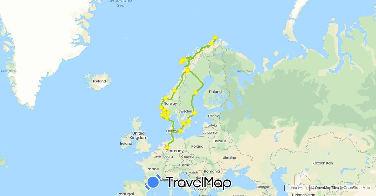 TravelMap itinerary: electric vehicle in Germany, Denmark, Norway, Sweden (Europe)