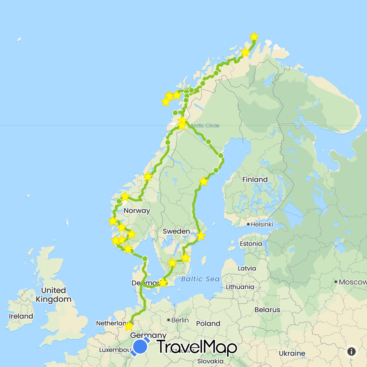 TravelMap itinerary: electric vehicle in Germany, Denmark, Norway, Sweden (Europe)