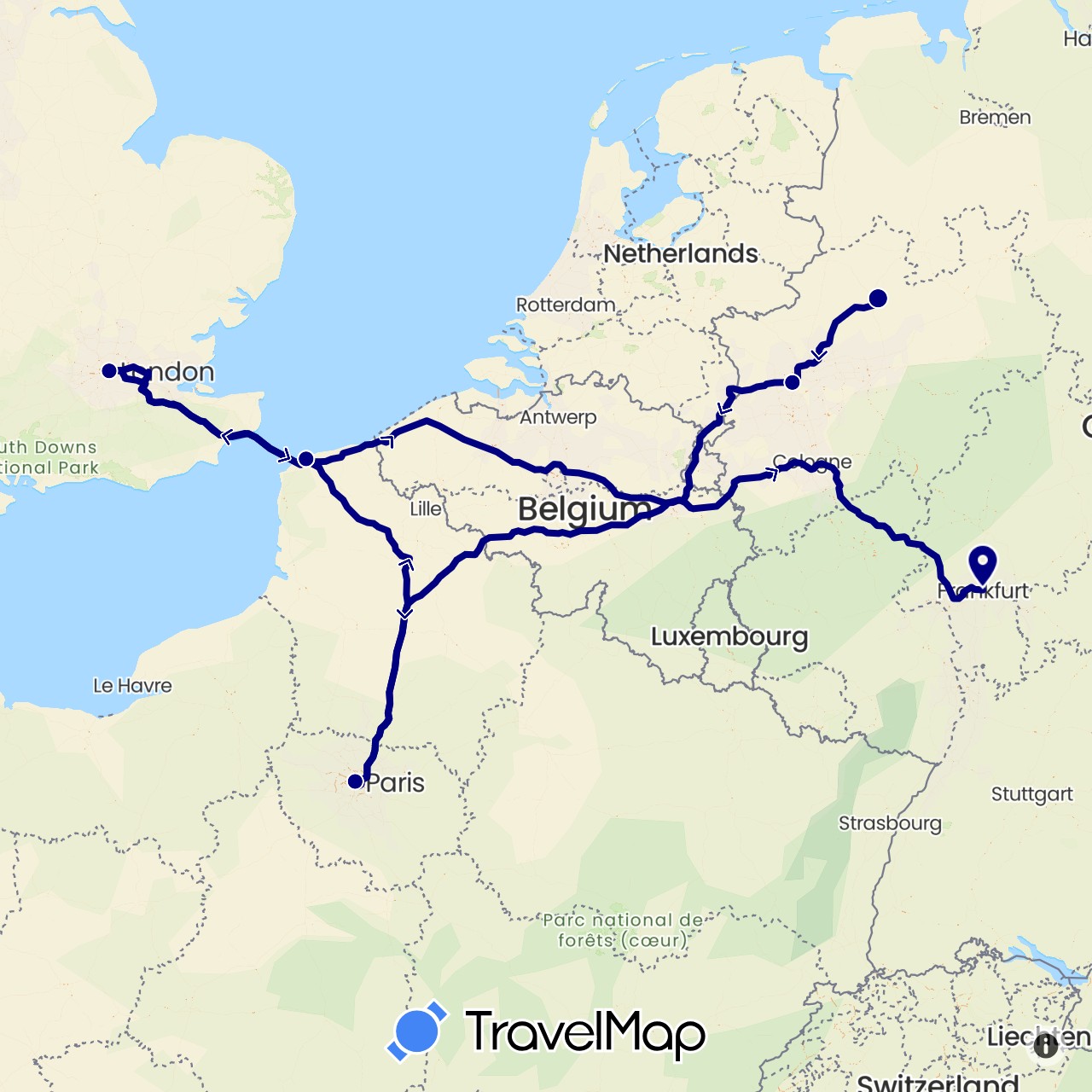 TravelMap itinerary: driving in Germany, France, United Kingdom (Europe)