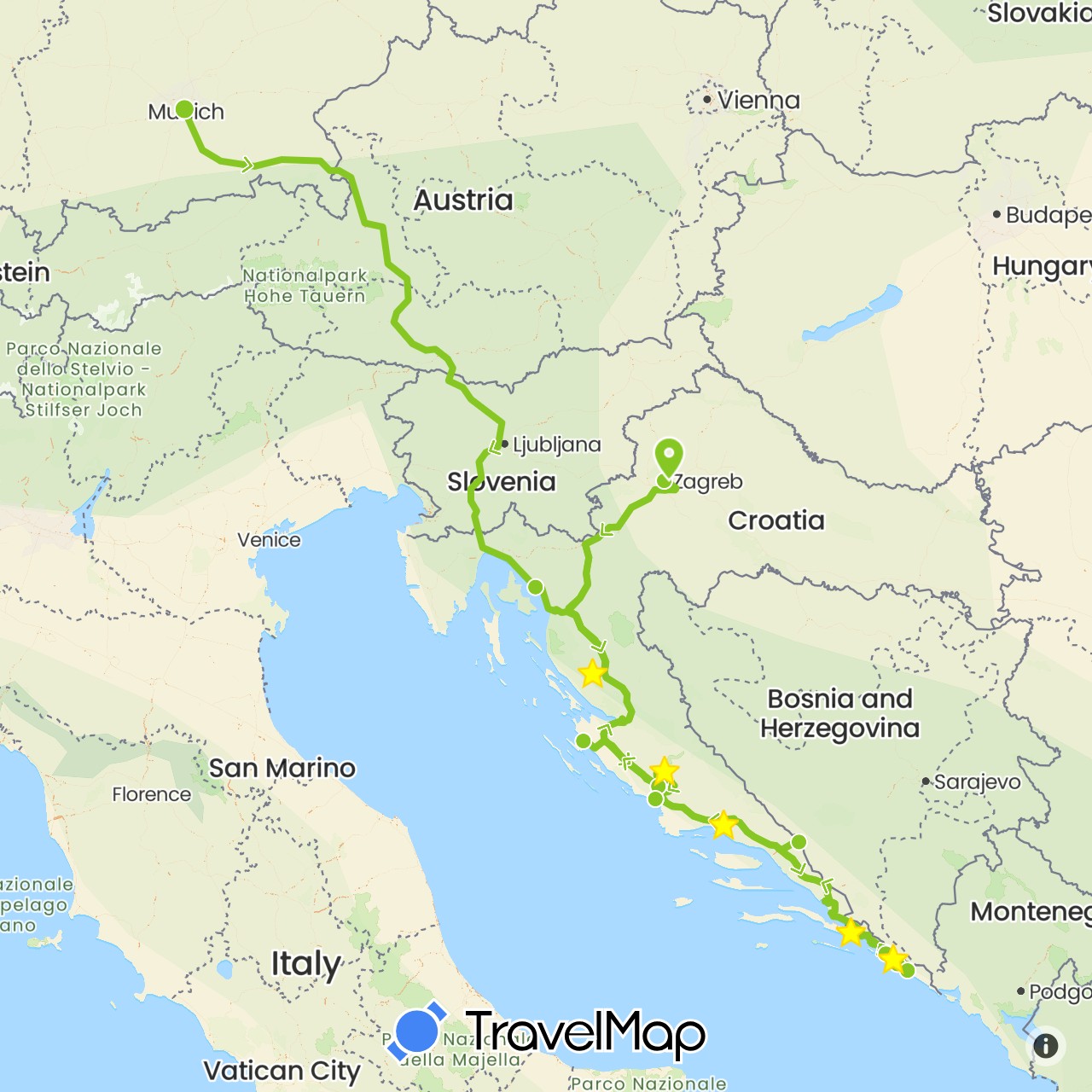 TravelMap itinerary: electric vehicle in Germany, Croatia (Europe)