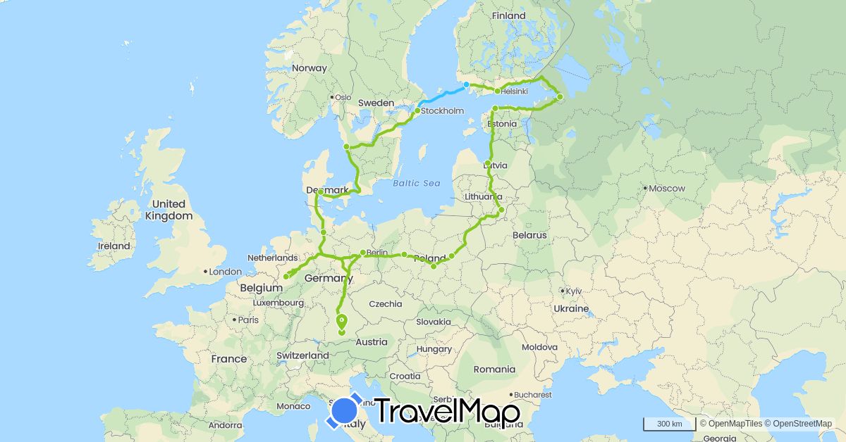 TravelMap itinerary: boat, electric vehicle in Germany, Denmark, Estonia, Finland, Lithuania, Latvia, Poland, Russia, Sweden (Europe)